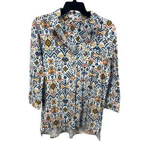 Tyler Boe Aztec Print Button Up Blouse M Multicolor Cotton Blend 3/4 Sleeve Boho